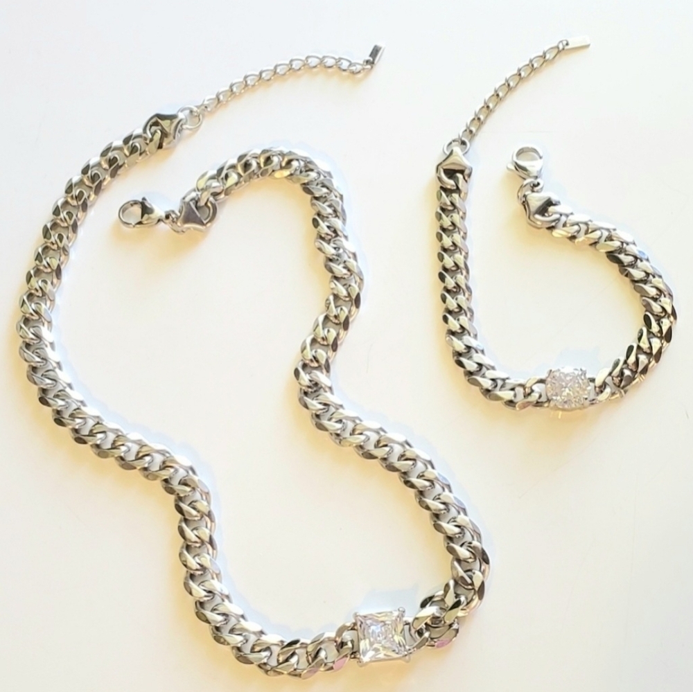 Stainless Steel Set - Cuban Link Necklace and Bracelet with CZ Pendants